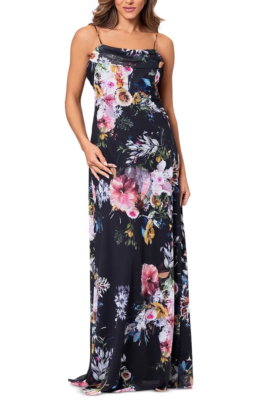 Betsy & Adam Black Maxi Dress Floral Chiffon Sleeveless Draped Long Gown Size 6